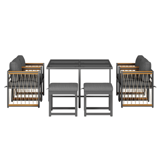 Conjunto de sala de jantar exterior de 7 peças - Mesa de vidro temperado, tampo em madeira de acácia, para 6 pessoas - Preto+Natural