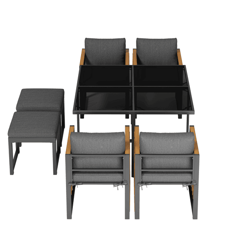 Conjunto de sala de jantar exterior de 7 peças - Mesa de vidro temperado, tampo em madeira de acácia, para 6 pessoas - Preto+Natural