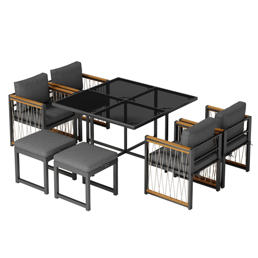 Conjunto de sala de jantar exterior de 7 peças - Mesa de vidro temperado, tampo em madeira de acácia, para 6 pessoas - Preto+Natural