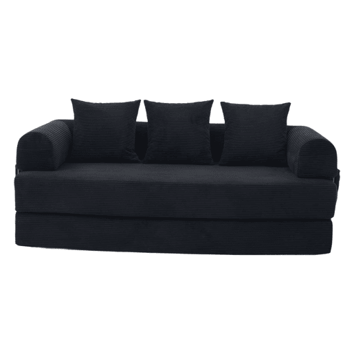 Sofá dobrável de 3 lugares - Estrutura metálica, 3 almofadas, com bolsos laterais - Preto