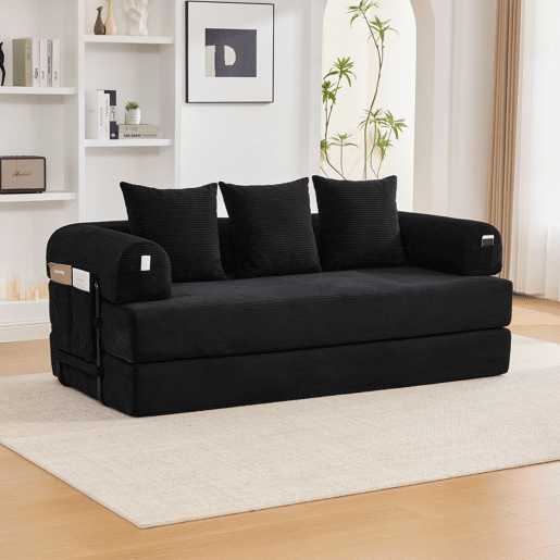 Sofá dobrável de 3 lugares - Estrutura metálica, 3 almofadas, com bolsos laterais - Preto