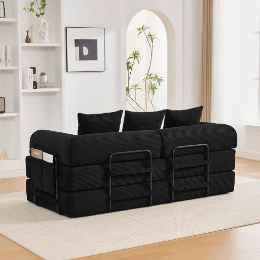 Sofá dobrável de 3 lugares - Estrutura metálica, 3 almofadas, com bolsos laterais - Preto