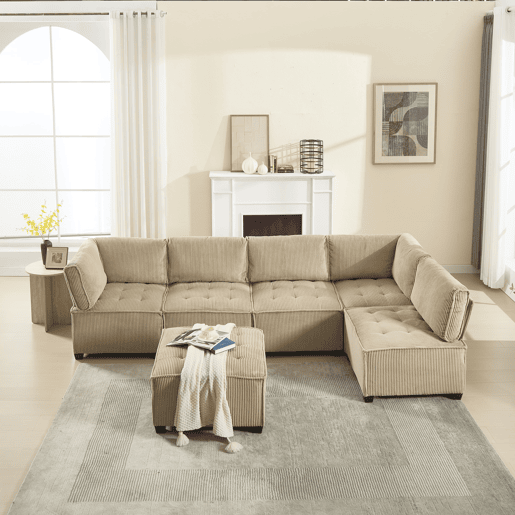 Sofá modular de 6 lugares - Veludo cotelê, ergonómico, com arrumação, convertível, estrutura estável - Cáqui