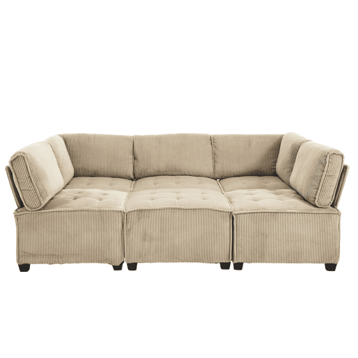 Sofá modular de 6 lugares - Veludo cotelê, ergonómico, com arrumação, convertível, estrutura estável - Cáqui