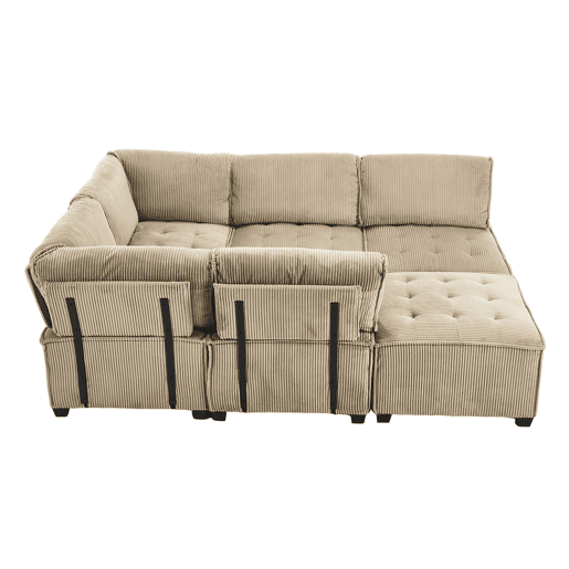 Sofá modular de 6 lugares - Veludo cotelê, ergonómico, com arrumação, convertível, estrutura estável - Cáqui