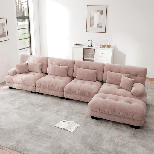 Sofá modular em L - 4 lugares, chaise longue removível, combinação DIY, chenille confortável - Rosa