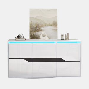 Aparador de sala 140x40x70 cm - 3 portas, prateleiras ajustáveis, gavetas sem puxadores e LED, design de alto brilho - preto e branco