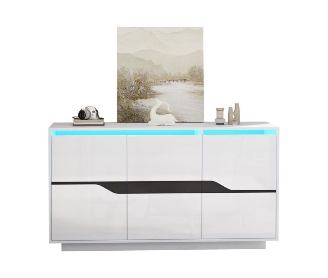 Aparador salón 140x40x70 cm - 3 puertas, estantes ajustables, cajones sin tiradores y led, diseño alto brillo - blanco y negro