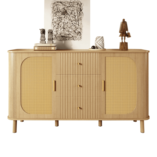 Aparador moderno - gavetas, prateleiras e pés em metal, design versátil para sala de estar com acabamento efeito madeira Aparador moderno - gavetas, prateleiras e pés em metal, design versátil para sala de estar com acabamento efeito madeira