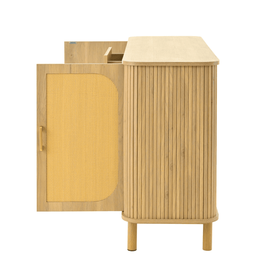 Aparador moderno - gavetas, prateleiras e pés em metal, design versátil para sala de estar com acabamento efeito madeira Aparador moderno - gavetas, prateleiras e pés em metal, design versátil para sala de estar com acabamento efeito madeira