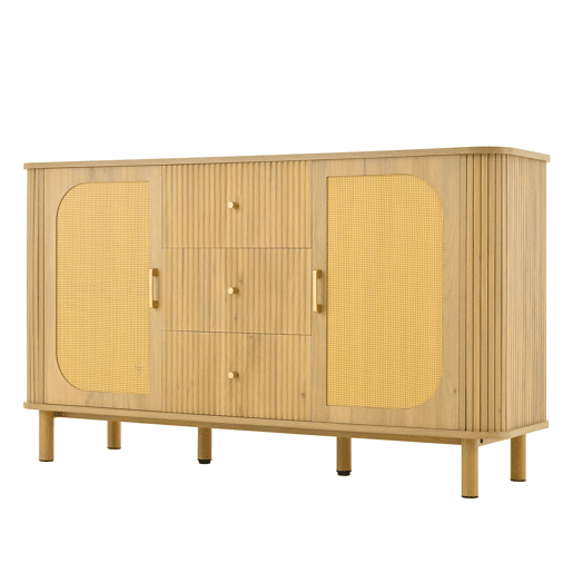 Aparador moderno - gavetas, prateleiras e pés em metal, design versátil para sala de estar com acabamento efeito madeira Aparador moderno - gavetas, prateleiras e pés em metal, design versátil para sala de estar com acabamento efeito madeira