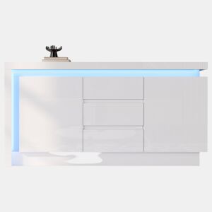 Aparador 140x35x72 cm - 3 gavetas, 2 portas, prateleiras ajustáveis, com LED, alto brilho - Branco