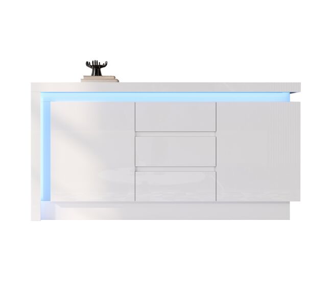 Aparador 140x35x72 cm - 3 cajones, 2 puertas, estantes ajustables, con led, alto brillo - blanco