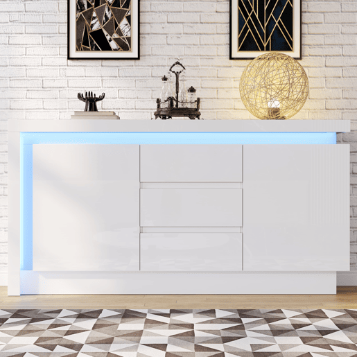 Aparador 140x35x72 cm - 3 gavetas, 2 portas, prateleiras ajustáveis, com LED, alto brilho - Branco Aparador 140x35x72 cm - 3 gavetas, 2 portas, prateleiras ajustáveis, com LED, alto brilho - Branco