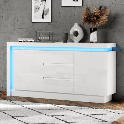 Aparador 140x35x72 cm - 3 gavetas, 2 portas, prateleiras ajustáveis, com LED, alto brilho - Branco Aparador 140x35x72 cm - 3 gavetas, 2 portas, prateleiras ajustáveis, com LED, alto brilho - Branco