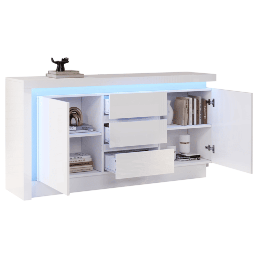 Aparador 140x35x72 cm - 3 gavetas, 2 portas, prateleiras ajustáveis, com LED, alto brilho - Branco Aparador 140x35x72 cm - 3 gavetas, 2 portas, prateleiras ajustáveis, com LED, alto brilho - Branco