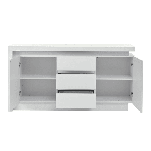Aparador 140x35x72 cm - 3 gavetas, 2 portas, prateleiras ajustáveis, com LED, alto brilho - Branco Aparador 140x35x72 cm - 3 gavetas, 2 portas, prateleiras ajustáveis, com LED, alto brilho - Branco