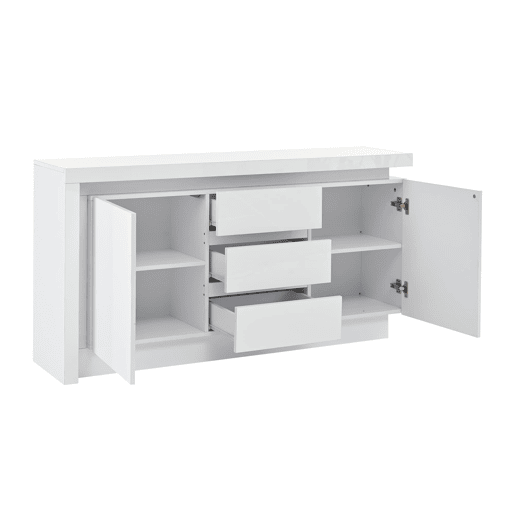 Aparador 140x35x72 cm - 3 gavetas, 2 portas, prateleiras ajustáveis, com LED, alto brilho - Branco Aparador 140x35x72 cm - 3 gavetas, 2 portas, prateleiras ajustáveis, com LED, alto brilho - Branco