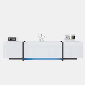 Móvel de TV - portas e gavetas com design simples, acabamento brilhante com pés pretos contrastantes - preto e branco