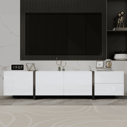 Móvel de TV - portas e gavetas com design simples, acabamento brilhante com pés pretos contrastantes - preto e branco