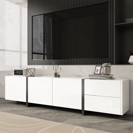 Móvel de TV - portas e gavetas com design simples, acabamento brilhante com pés pretos contrastantes - preto e branco