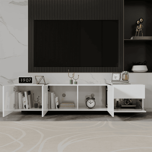 Móvel de TV - portas e gavetas com design simples, acabamento brilhante com pés pretos contrastantes - preto e branco