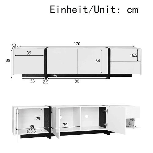 Móvel de TV - portas e gavetas com design simples, acabamento brilhante com pés pretos contrastantes - preto e branco