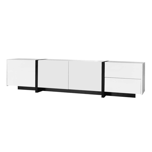 Móvel de TV - portas e gavetas com design simples, acabamento brilhante com pés pretos contrastantes - preto e branco
