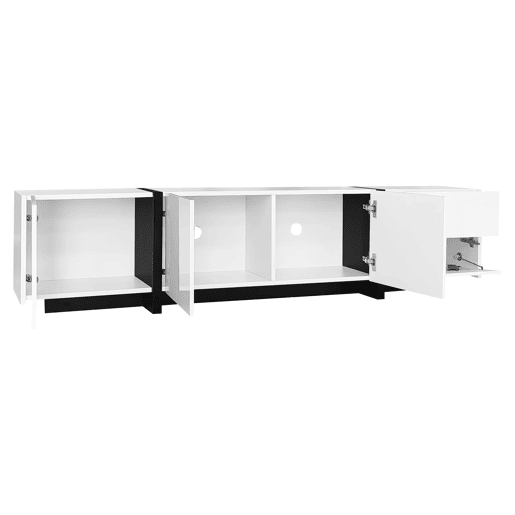 Móvel de TV - portas e gavetas com design simples, acabamento brilhante com pés pretos contrastantes - preto e branco