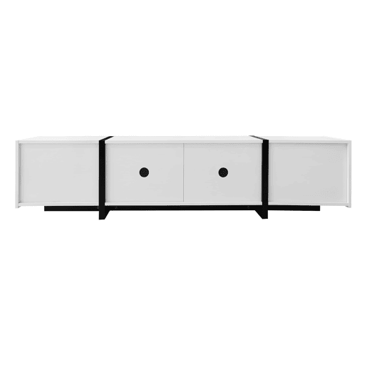Móvel de TV - portas e gavetas com design simples, acabamento brilhante com pés pretos contrastantes - preto e branco