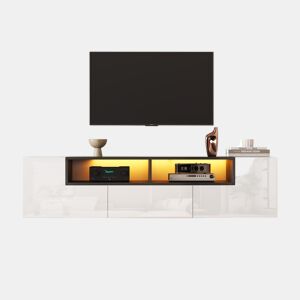 Móvel de TV 180x40x48 cm - Lowboard com luz LED, formato em L, com gavetas - Branco e preto