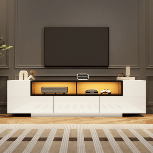 Móvel de TV 180x40x48 cm - Lowboard com luz LED, formato em L, com gavetas - Branco e preto