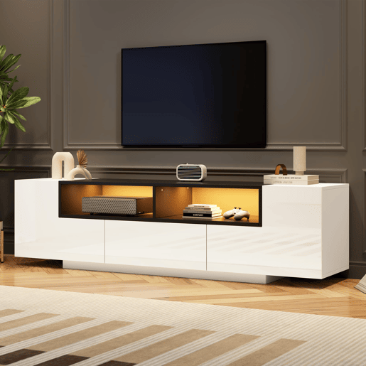 Móvel de TV 180x40x48 cm - Lowboard com luz LED, formato em L, com gavetas - Branco e preto