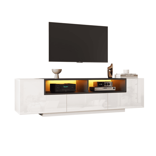 Móvel de TV 180x40x48 cm - Lowboard com luz LED, formato em L, com gavetas - Branco e preto