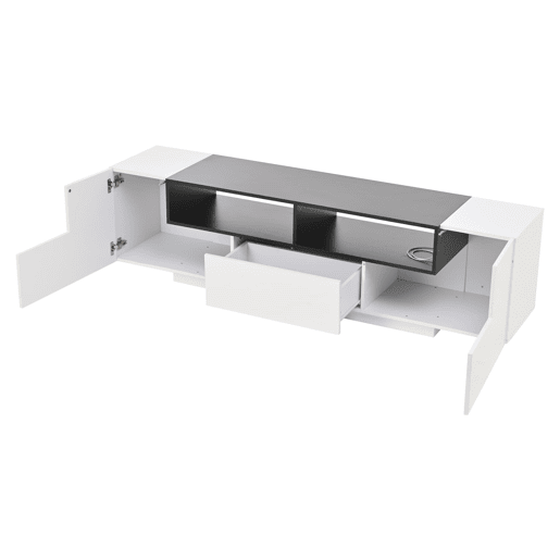 Móvel de TV 180x40x48 cm - Lowboard com luz LED, formato em L, com gavetas - Branco e preto