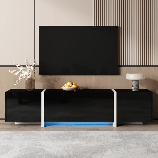 Móvel de TV baixo - portas e gavetas elegantes, iluminação LED, acabamento brilhante com pés brancos - preto e branco