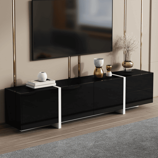 Móvel de TV baixo - portas e gavetas elegantes, iluminação LED, acabamento brilhante com pés brancos - preto e branco