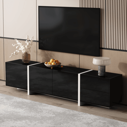 Móvel de TV baixo - portas e gavetas elegantes, iluminação LED, acabamento brilhante com pés brancos - preto e branco