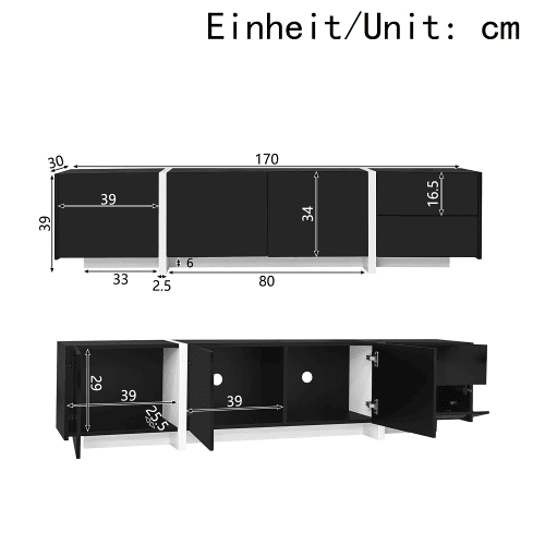 Móvel de TV baixo - portas e gavetas elegantes, iluminação LED, acabamento brilhante com pés brancos - preto e branco
