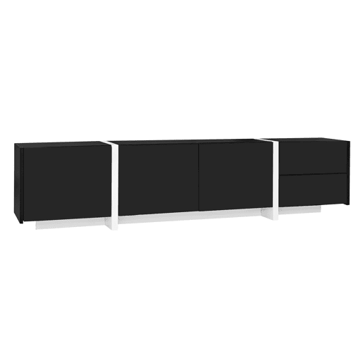 Móvel de TV baixo - portas e gavetas elegantes, iluminação LED, acabamento brilhante com pés brancos - preto e branco