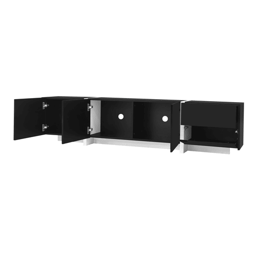 Móvel de TV baixo - portas e gavetas elegantes, iluminação LED, acabamento brilhante com pés brancos - preto e branco