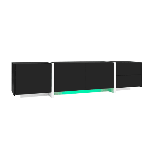 Móvel de TV baixo - portas e gavetas elegantes, iluminação LED, acabamento brilhante com pés brancos - preto e branco