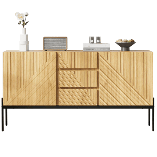 Aparador 140x40x75 cm - 2 portas, 3 gavetas, design com linhas - Natural