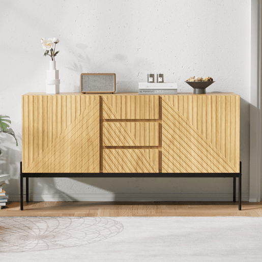 Aparador 140x40x75 cm - 2 portas, 3 gavetas, design com linhas - Natural