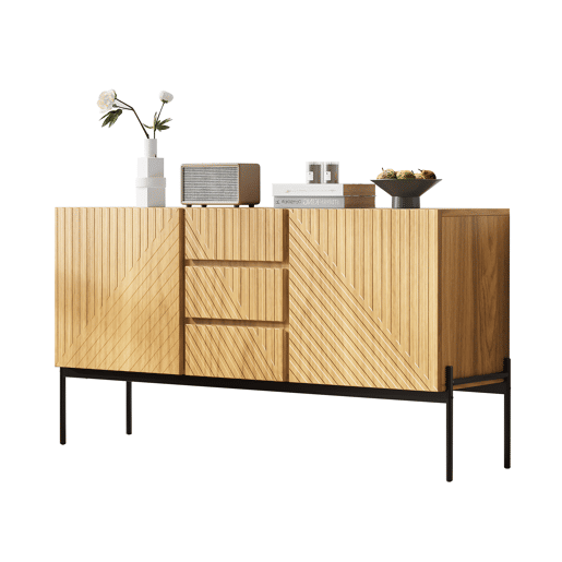 Aparador 140x40x75 cm - 2 portas, 3 gavetas, design com linhas - Natural