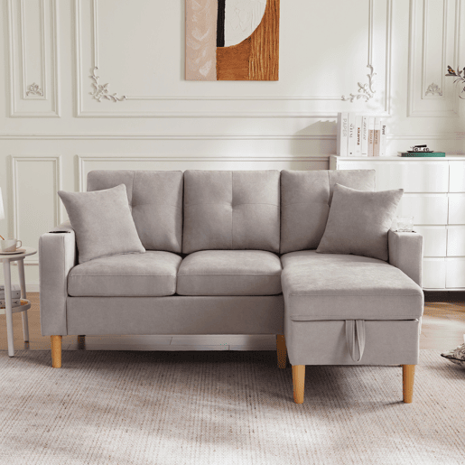 Sofá em L de 3 lugares - Com chaise longue, arrumação, porta-copos, 2 almofadas incluídas - Cinza claro