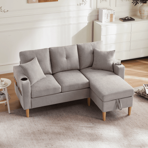 Sofá em L de 3 lugares - Com chaise longue, arrumação, porta-copos, 2 almofadas incluídas - Cinza claro