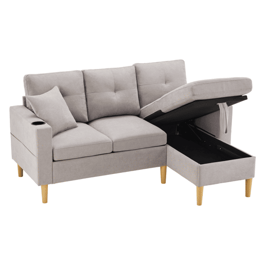 Sofá em L de 3 lugares - Com chaise longue, arrumação, porta-copos, 2 almofadas incluídas - Cinza claro
