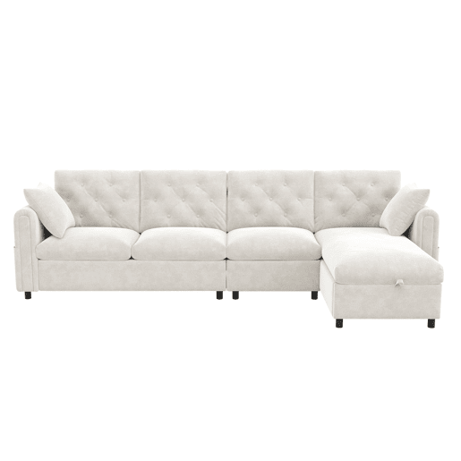 Sofá moderno de veludo 281x86x71 cm - Espaço de arrumação no canto, braços com bolsos - Bege