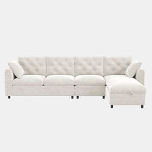 Sofá moderno de veludo 281x86x71 cm - Espaço de arrumação no canto, braços com bolsos - Bege